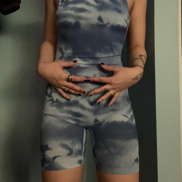 rave style baby blue tie dye play suit, open back. - Picture 3 of 4